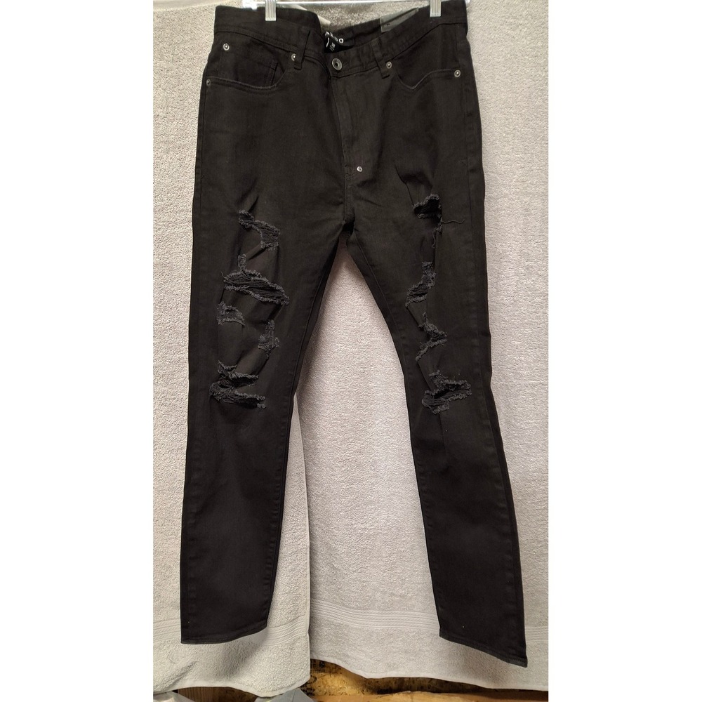 AKOO Mens Skulk Fit Slim Distressed Ripped Black Denim Jeans Size 38 NWT(B7)
